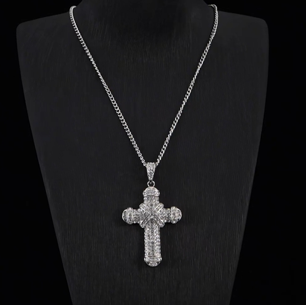 White Austrian Crystal Cross Pendant Necklace 29 Inches in Silvertone